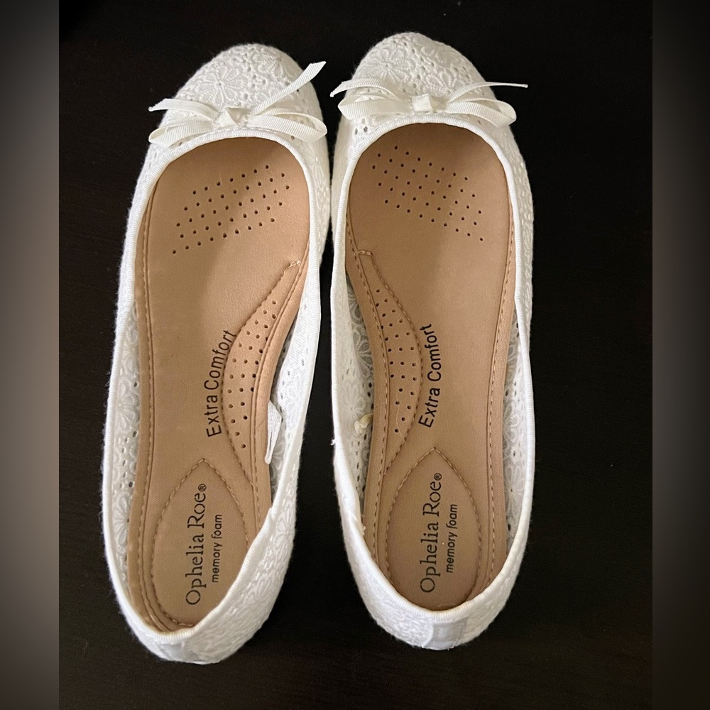 White Eyelet Flats with Decorative Bow